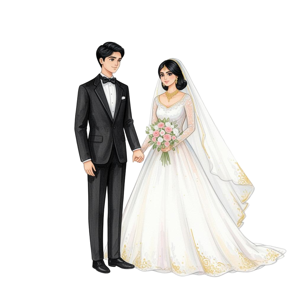 Illustration of Jaffin and Monika holding hands in wedding attire